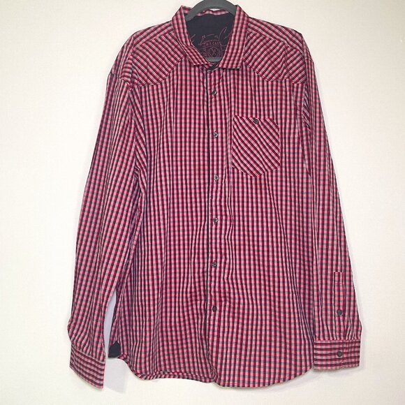 Men's 2XL Marc Ecko Red & Black Plaid Long Sleeve Button Down Shirt - Picture 1 of 6
